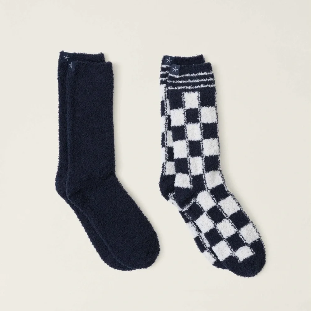 NWT Barefoot Dreams CozyChic checks & stripes socks set -indigo multi